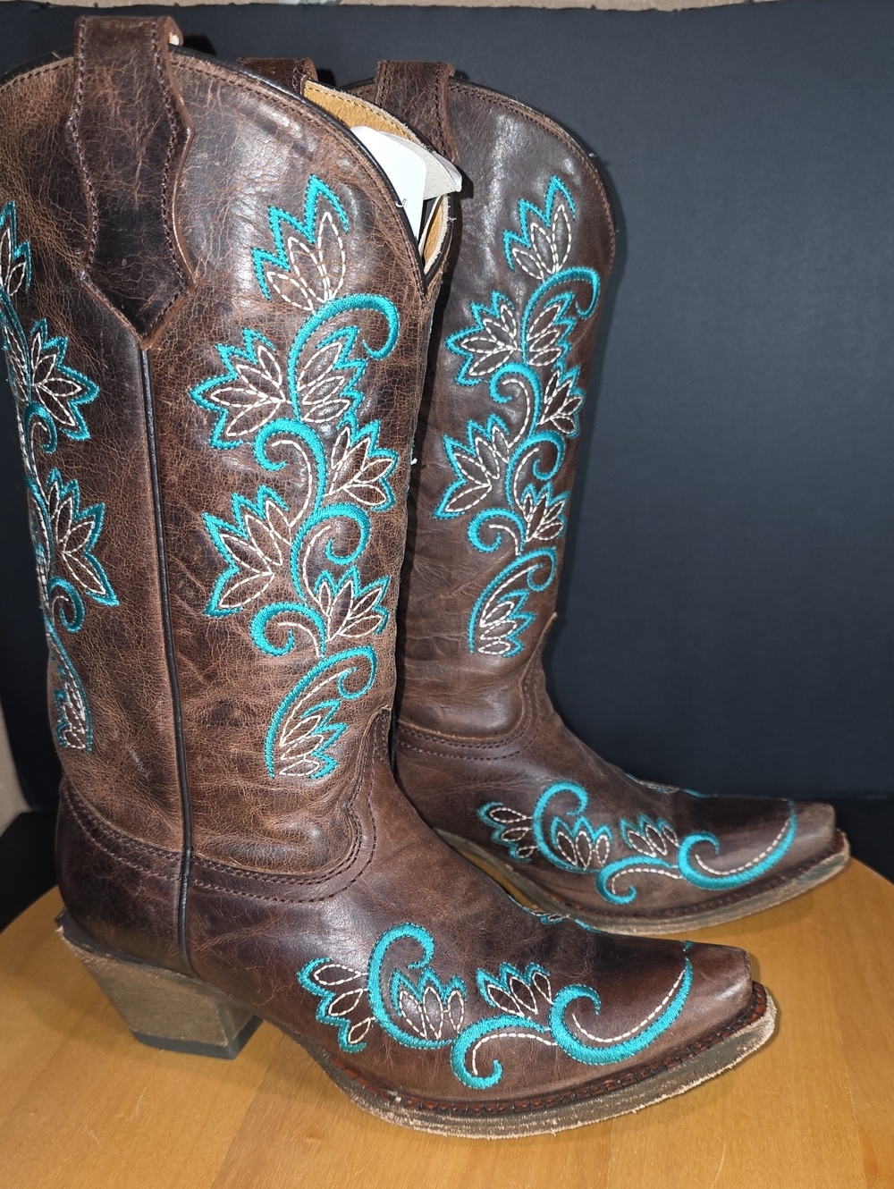 Corral Brown Leather Western Boots with Turquoise Embroidery - Teen Girls